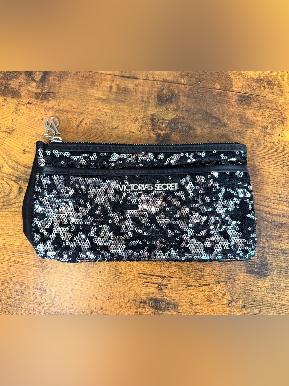 Victoria’s Secret Black Sequin Cosmetic Bag Makeup Pouch Y2K Glam Travel Case